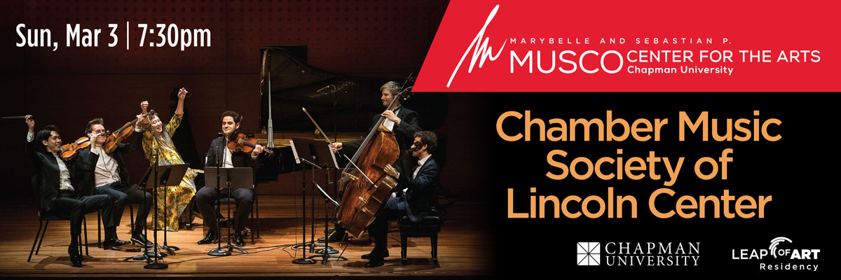Chamber Music Society of Lincoln Center | Sun, Mar 3 | 7:30pm Leap of Art Residency. Musicians in formal attire celebrate triumphantly. Instruments poised and ready.