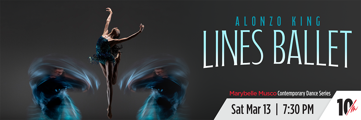 Alonzo King LINES Ballet | Ballet dancer in the middle of two blurry ballet performers | Sat Mar 13 7:30 PM